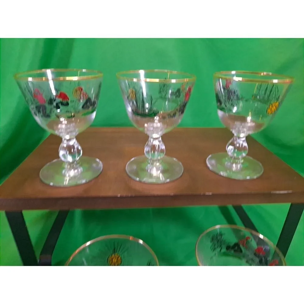 Vintage Libbey /Set of 5 /Treasure‎ Island Pirates /8 oz. Gold Rim Bar  Glasses